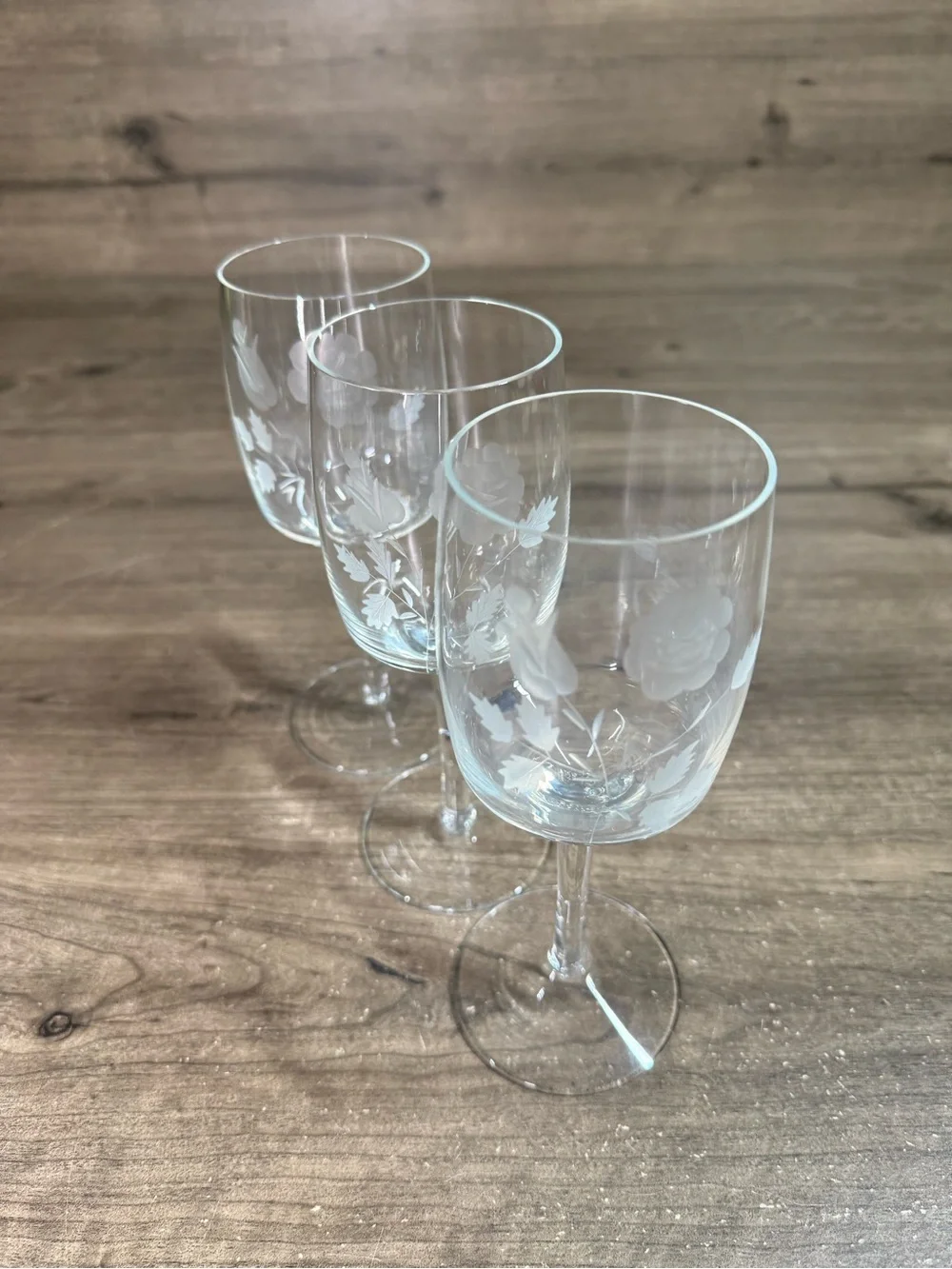 (3) Vintage Toscany Etched Floral Wine Crystal Glass Set of 3